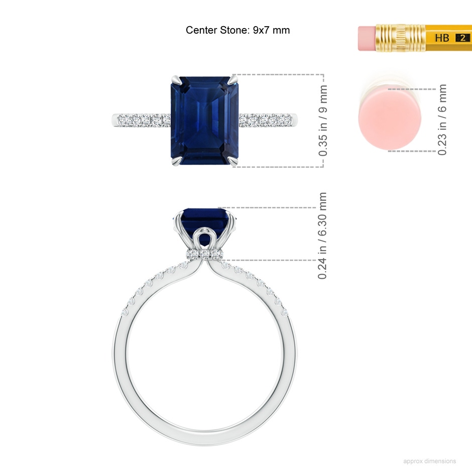 9x7mm AAA Emerald-Cut Blue Sapphire Hidden Halo Engagement Ring in P950 Platinum ruler