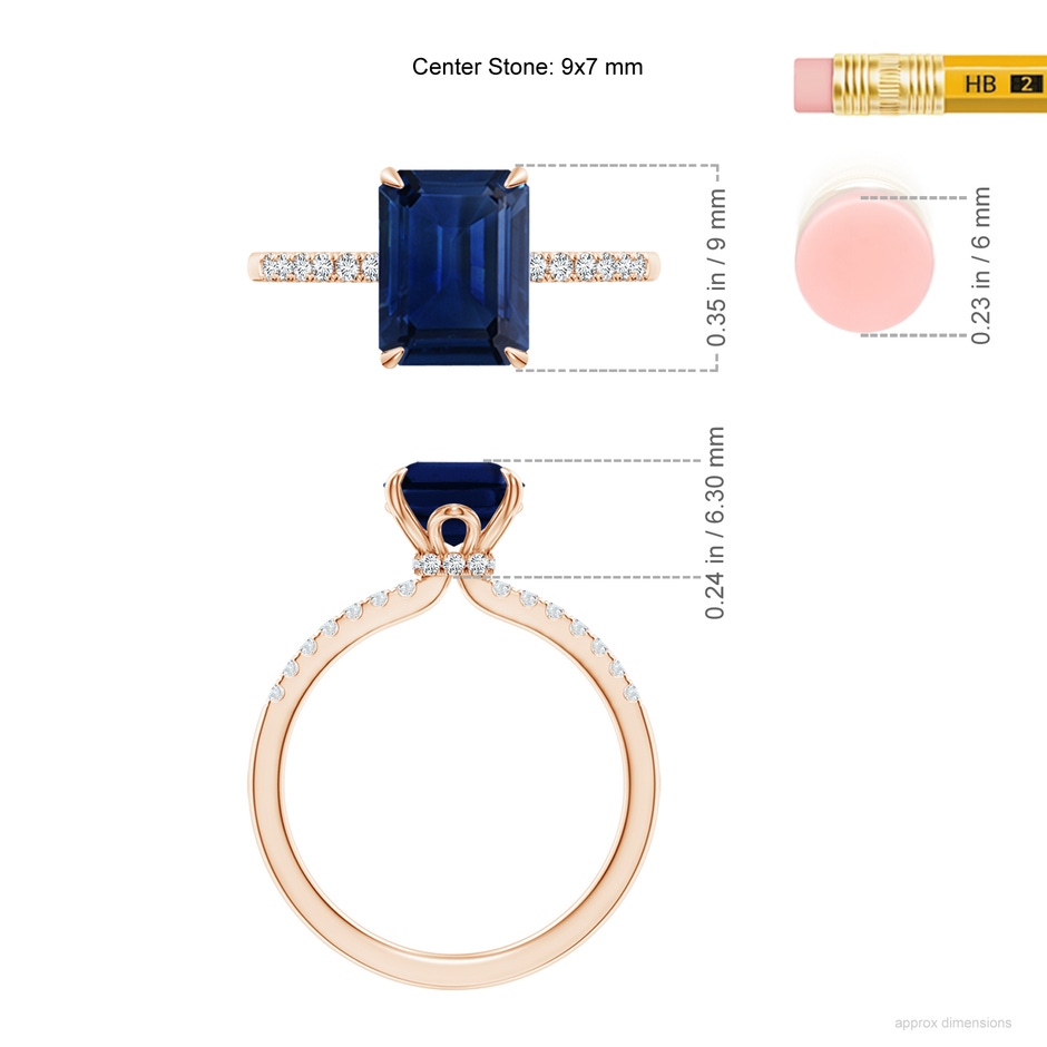 9x7mm AAA Emerald-Cut Blue Sapphire Hidden Halo Engagement Ring in Rose Gold ruler
