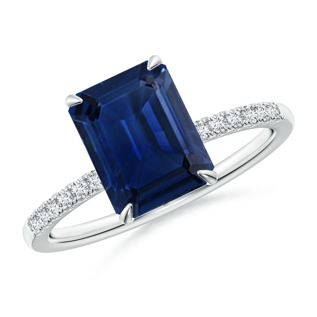 9x7mm AAA Emerald-Cut Blue Sapphire Hidden Halo Engagement Ring in White Gold