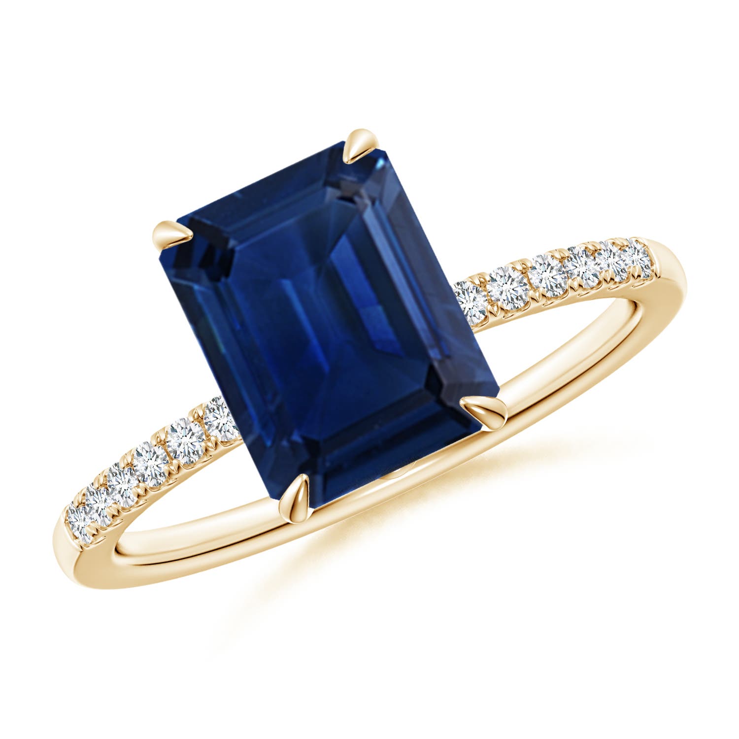 9x7mm AAA Emerald-Cut Blue Sapphire Hidden Halo Engagement Ring in Yellow Gold