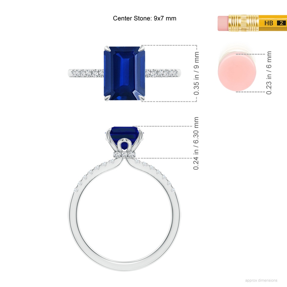 9x7mm AAAA Emerald-Cut Blue Sapphire Hidden Halo Engagement Ring in P950 Platinum ruler