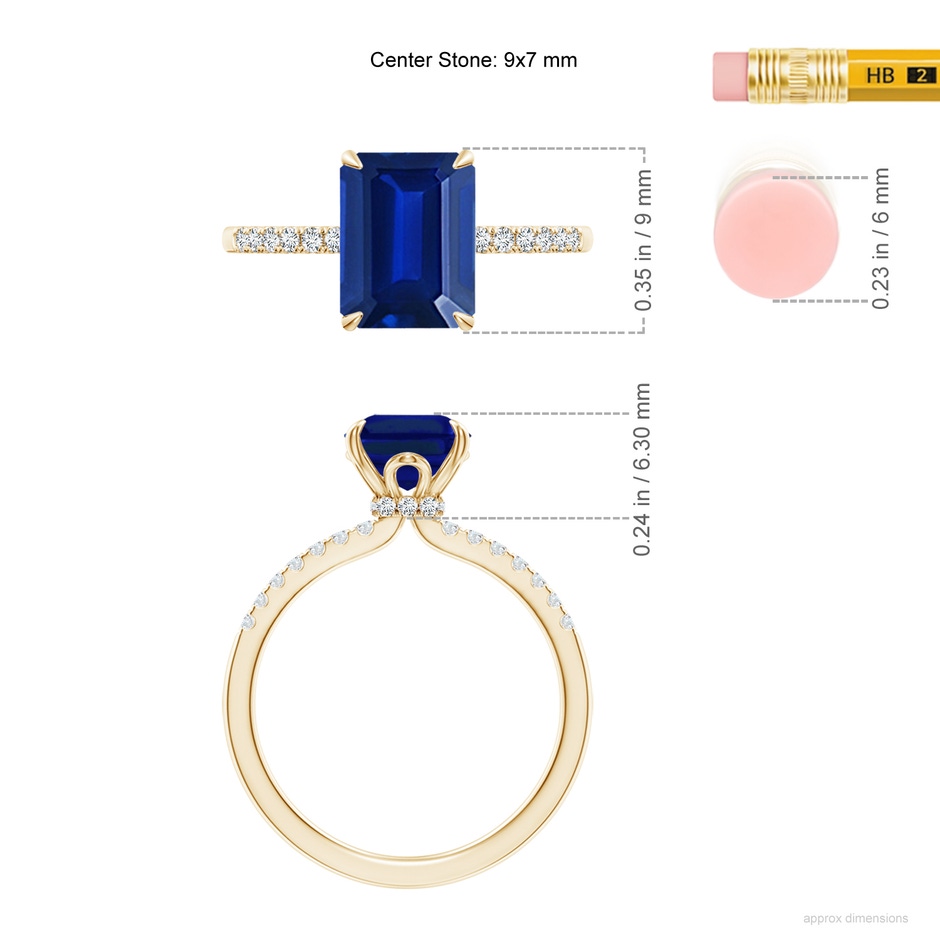 9x7mm AAAA Emerald-Cut Blue Sapphire Hidden Halo Engagement Ring in Yellow Gold ruler
