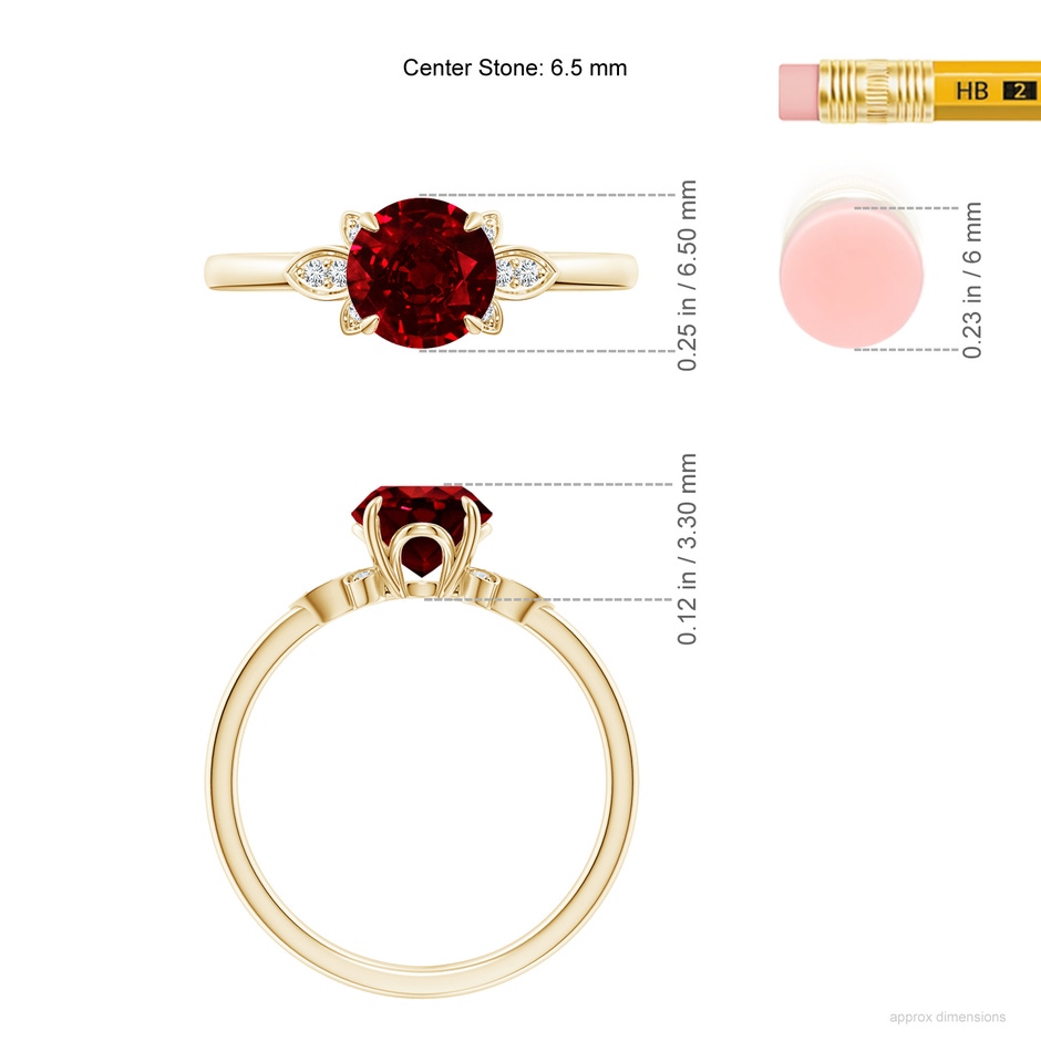 6.5mm AAAA Nature-Inspired Round Ruby Engagement Ring in Yellow Gold ruler