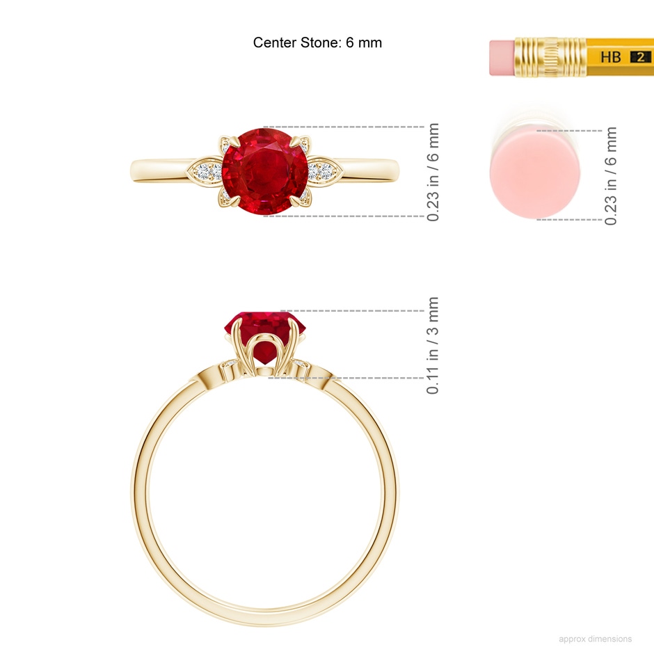 6mm AAA Nature-Inspired Round Ruby Engagement Ring in Yellow Gold ruler