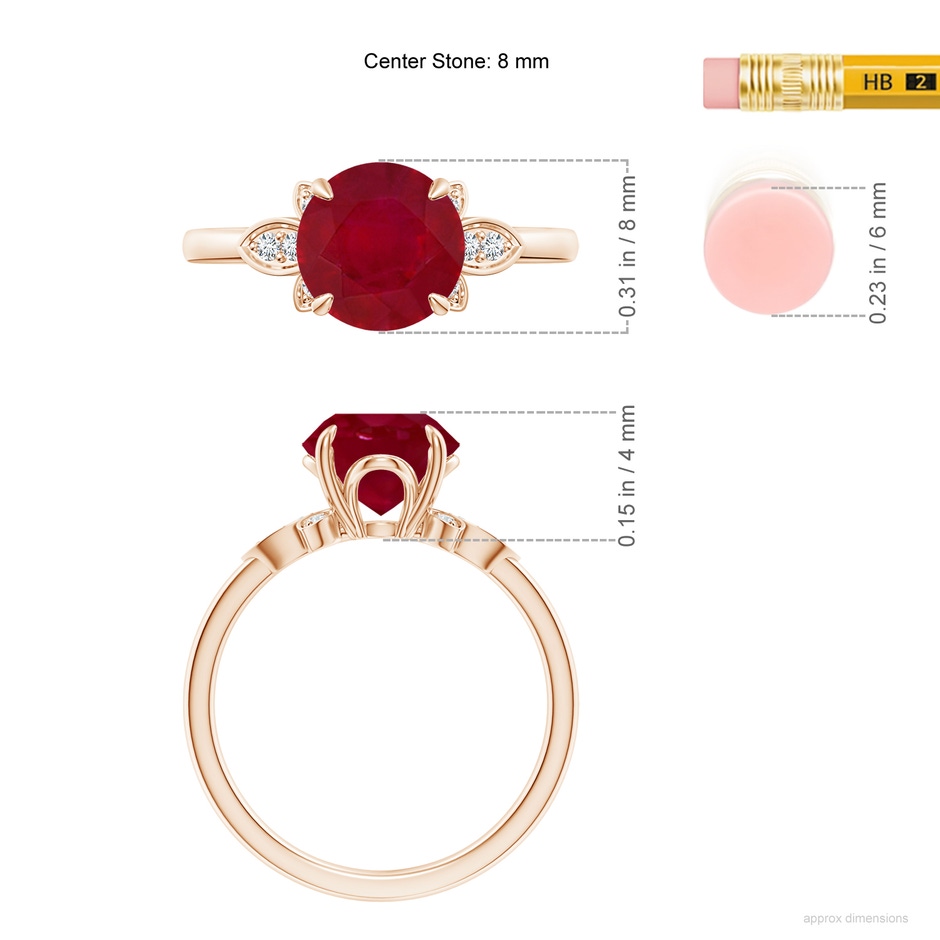 8mm AA Nature-Inspired Round Ruby Engagement Ring in Rose Gold ruler