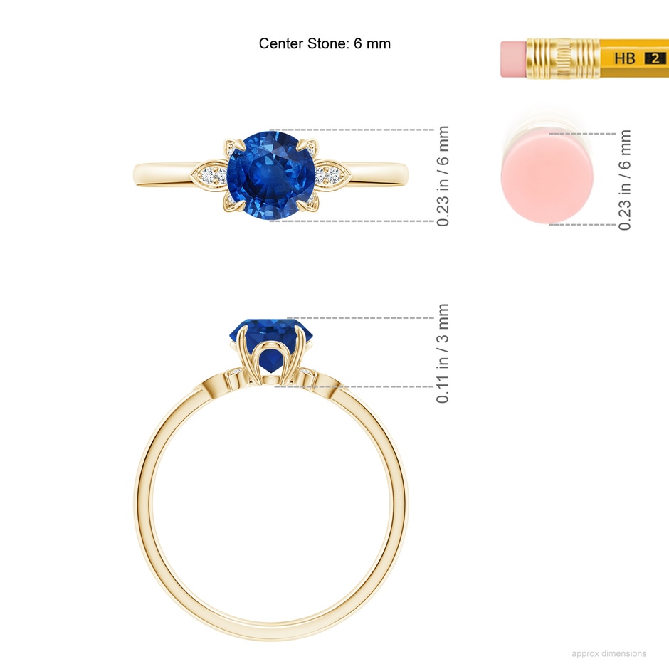 6mm AAA Nature-Inspired Round Blue Sapphire Engagement Ring in Yellow Gold ruler