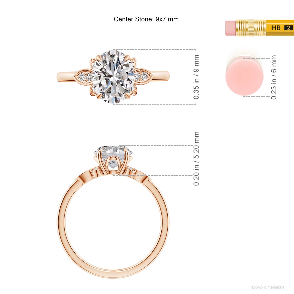 9x7mm IJI1I2 Nature-Inspired Oval Diamond Engagement Ring in Rose Gold ruler