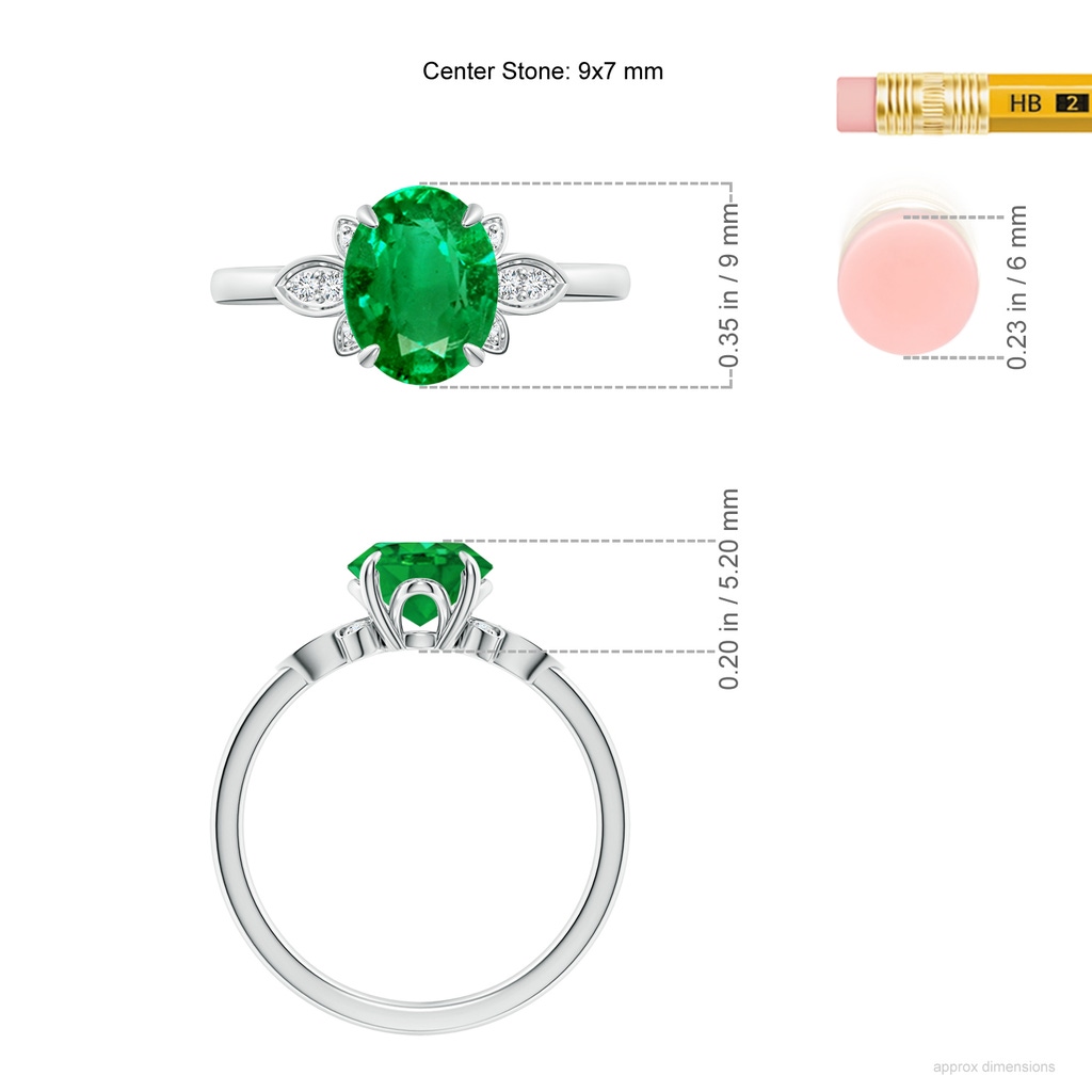 9x7mm AAA Nature-Inspired Oval Emerald Engagement Ring in White Gold ruler