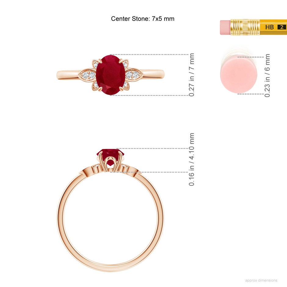 7x5mm AA Nature-Inspired Oval Ruby Engagement Ring in Rose Gold ruler
