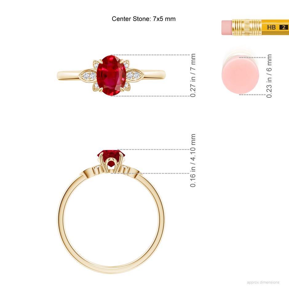 7x5mm AAA Nature-Inspired Oval Ruby Engagement Ring in Yellow Gold ruler