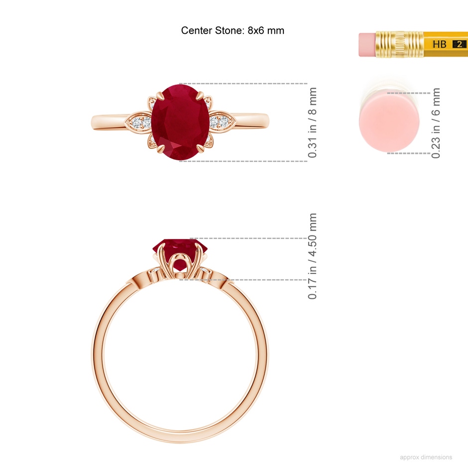 8x6mm AA Nature-Inspired Oval Ruby Engagement Ring in Rose Gold ruler