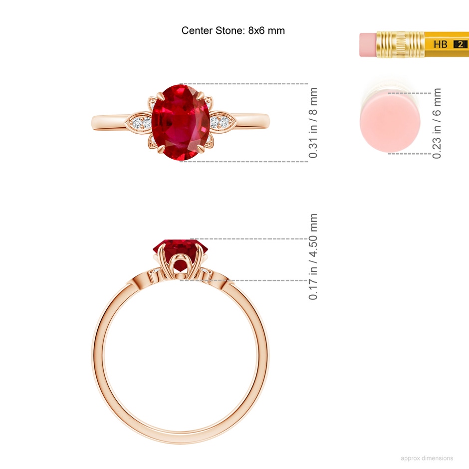 8x6mm AAA Nature-Inspired Oval Ruby Engagement Ring in Rose Gold ruler