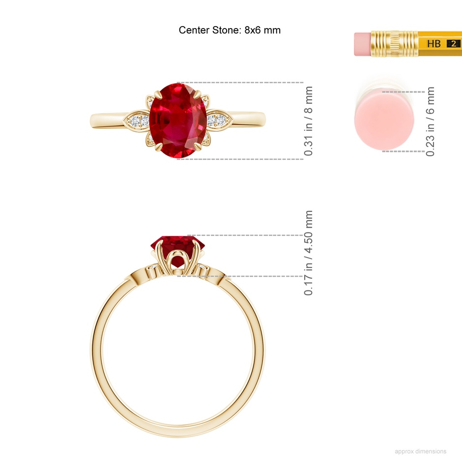 8x6mm AAA Nature-Inspired Oval Ruby Engagement Ring in Yellow Gold ruler