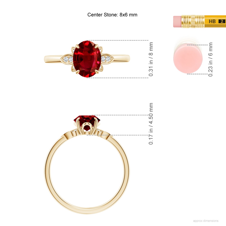 8x6mm AAAA Nature-Inspired Oval Ruby Engagement Ring in Yellow Gold ruler