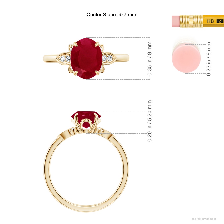9x7mm AA Nature-Inspired Oval Ruby Engagement Ring in Yellow Gold ruler