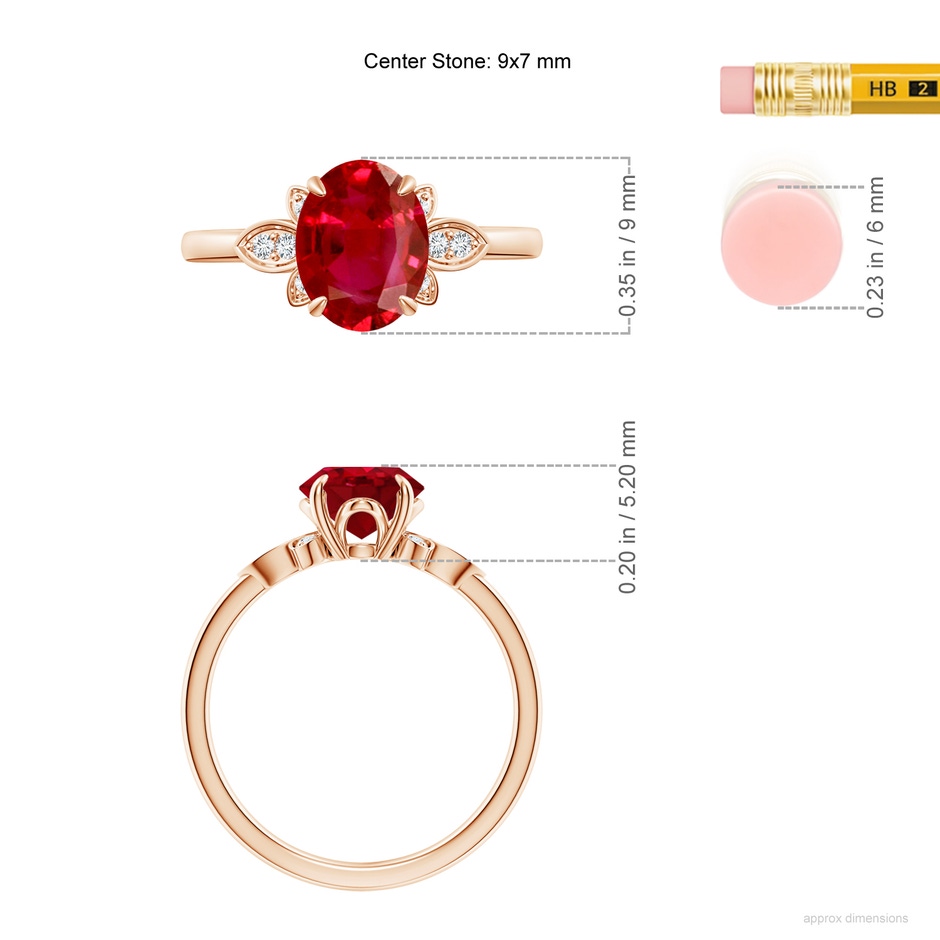 9x7mm AAA Nature-Inspired Oval Ruby Engagement Ring in Rose Gold ruler