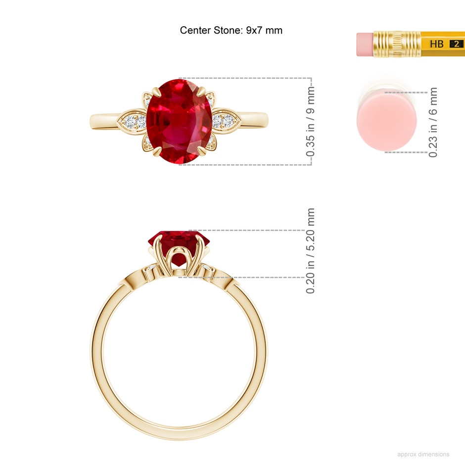 9x7mm AAA Nature-Inspired Oval Ruby Engagement Ring in Yellow Gold ruler