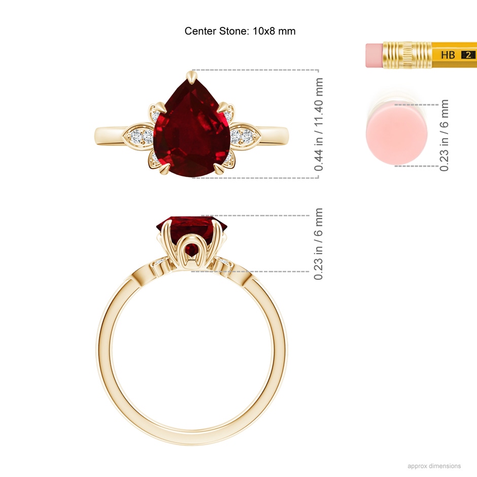 10x8mm AAAA Nature-Inspired Pear-Shaped Ruby Engagement Ring in Yellow Gold ruler