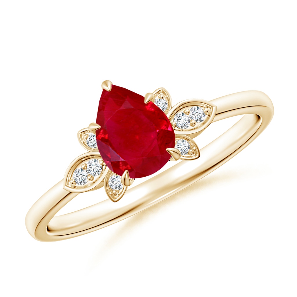 7x5mm AAA Nature-Inspired Pear-Shaped Ruby Engagement Ring in 18K Yellow Gold
