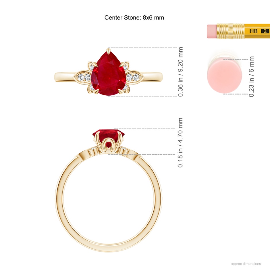 8x6mm AAA Nature-Inspired Pear-Shaped Ruby Engagement Ring in Yellow Gold ruler