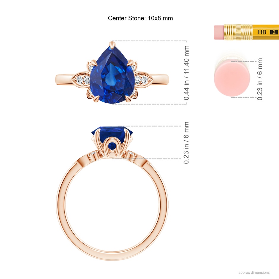 10x8mm AAA Nature-Inspired Pear-Shaped Blue Sapphire Engagement Ring in Rose Gold ruler