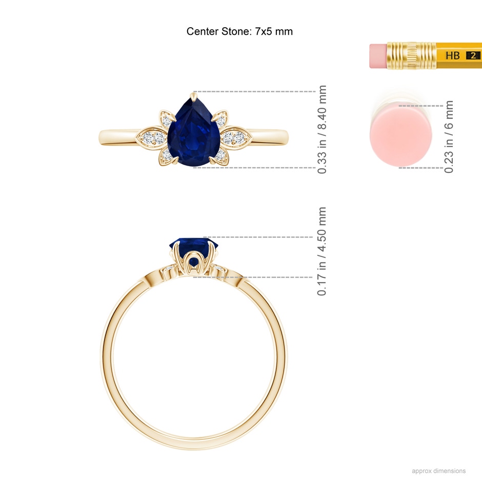 7x5mm AA Nature-Inspired Pear-Shaped Blue Sapphire Engagement Ring in Yellow Gold ruler