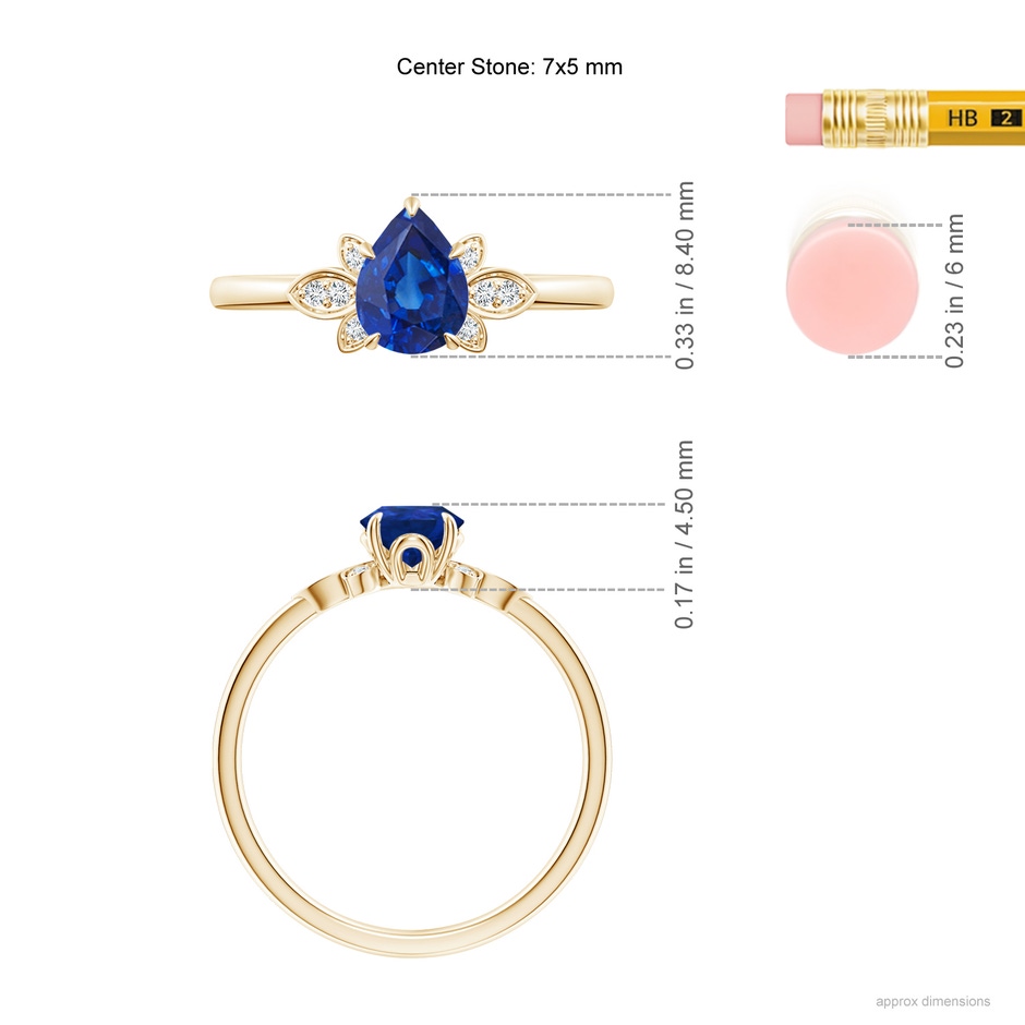 7x5mm AAA Nature-Inspired Pear-Shaped Blue Sapphire Engagement Ring in Yellow Gold ruler