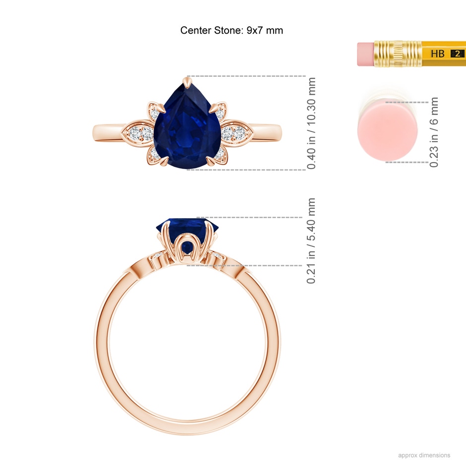 9x7mm AA Nature-Inspired Pear-Shaped Blue Sapphire Engagement Ring in Rose Gold ruler