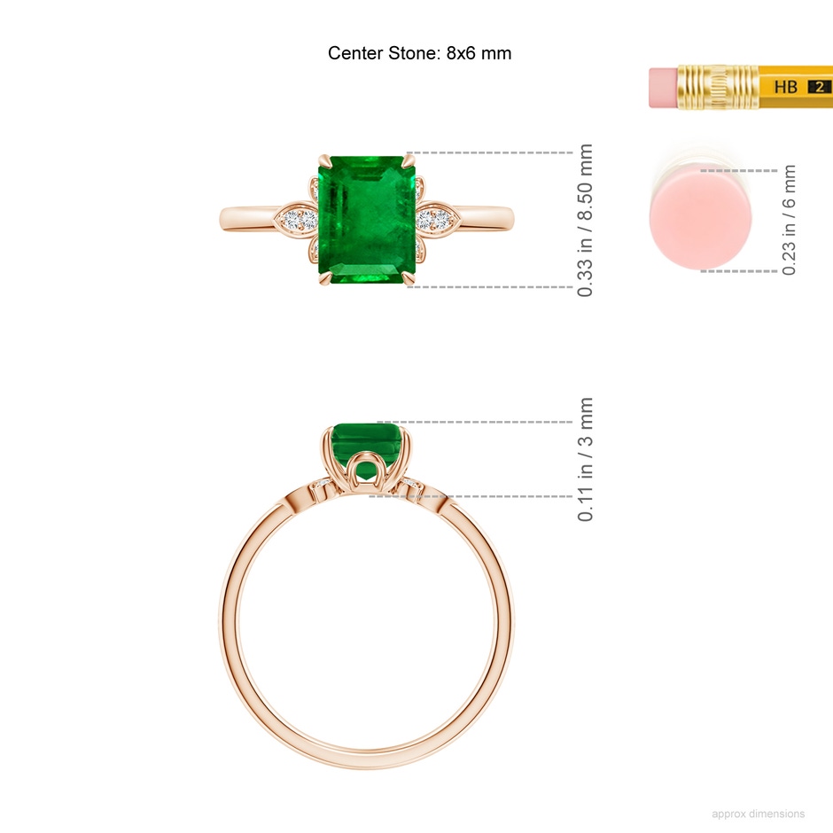 8x6mm AAAA Nature-Inspired Emerald-Cut Emerald Engagement Ring in Rose Gold ruler