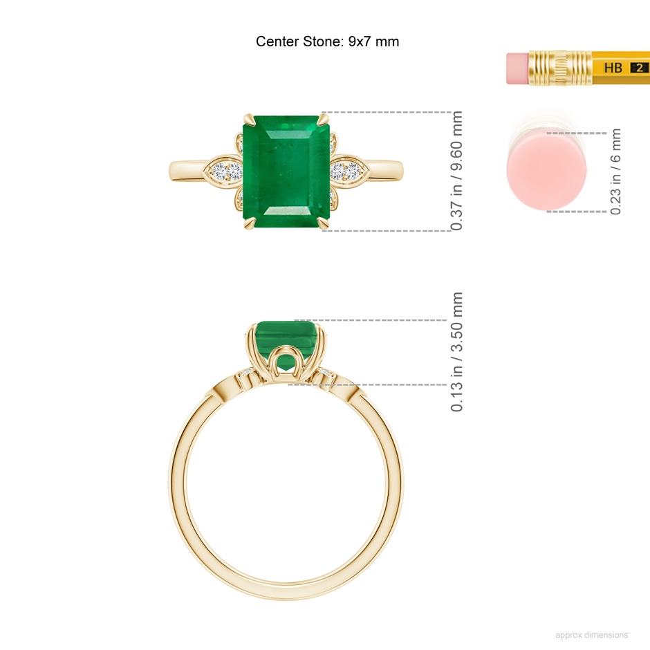 9x7mm AA Nature-Inspired Emerald-Cut Emerald Engagement Ring in Yellow Gold ruler