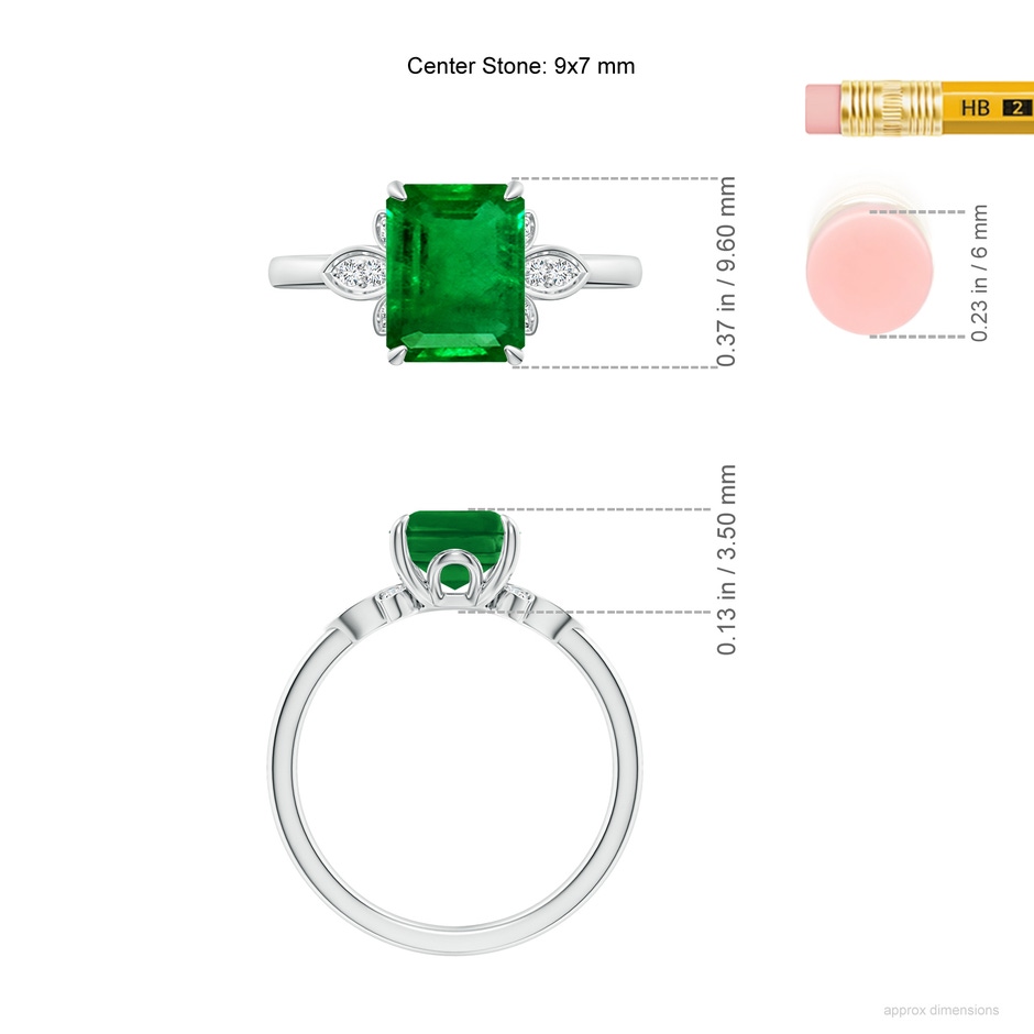 9x7mm AAAA Nature-Inspired Emerald-Cut Emerald Engagement Ring in P950 Platinum ruler