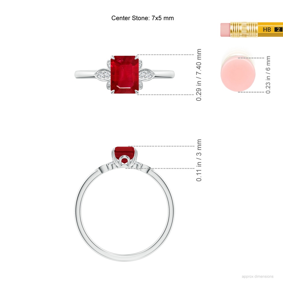 7x5mm AAA Nature-Inspired Emerald-Cut Ruby Engagement Ring in White Gold ruler