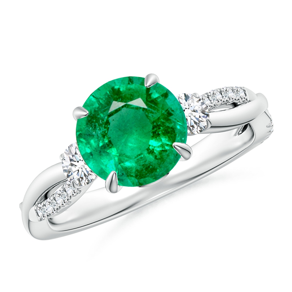 8mm AAA Three Stone Round Emerald & Diamond Engagement Ring in White Gold