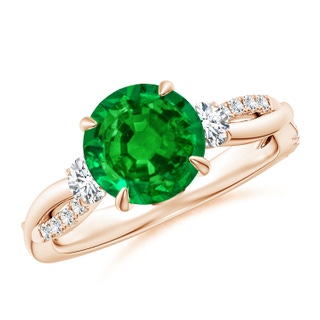 8mm AAAA Three Stone Round Emerald & Diamond Engagement Ring in Rose Gold