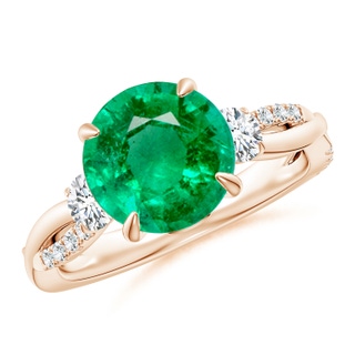 9mm AAA Three Stone Round Emerald & Diamond Engagement Ring in Rose Gold