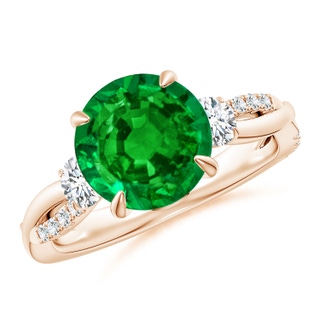 9mm AAAA Three Stone Round Emerald & Diamond Engagement Ring in Rose Gold