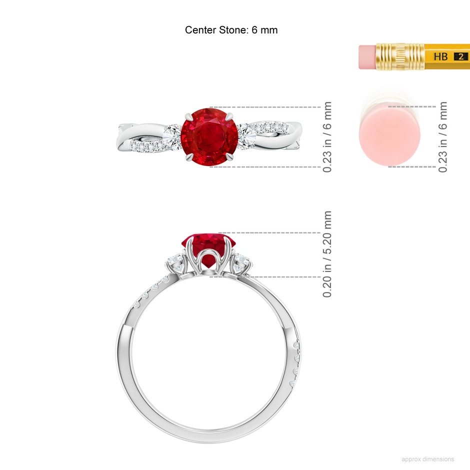 6mm AAA Three Stone Round Ruby & Diamond Engagement Ring in White Gold ruler