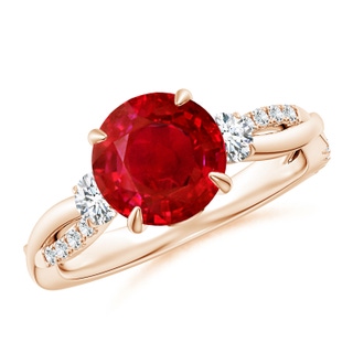 8mm AAA Three Stone Round Ruby & Diamond Engagement Ring in 9K Rose Gold