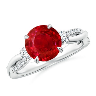 8mm AAA Three Stone Round Ruby & Diamond Engagement Ring in P950 Platinum