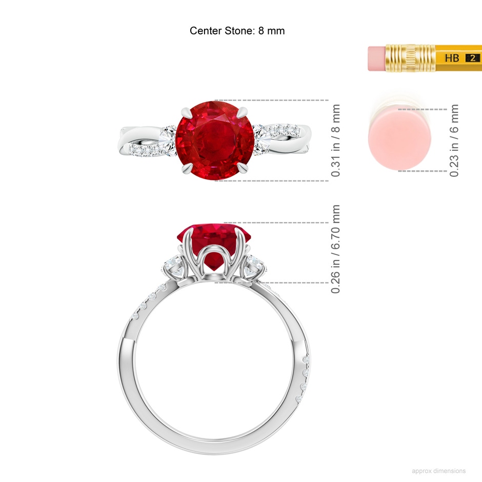 8mm AAA Three Stone Round Ruby & Diamond Engagement Ring in White Gold ruler