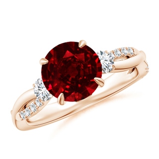 8mm AAAA Three Stone Round Ruby & Diamond Engagement Ring in Rose Gold