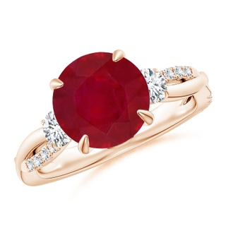 9mm AA Three Stone Round Ruby & Diamond Engagement Ring in 10K Rose Gold