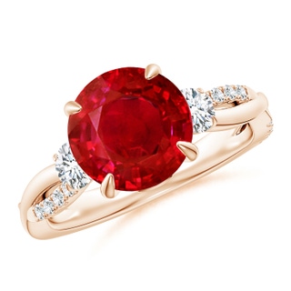 9mm AAA Three Stone Round Ruby & Diamond Engagement Ring in Rose Gold