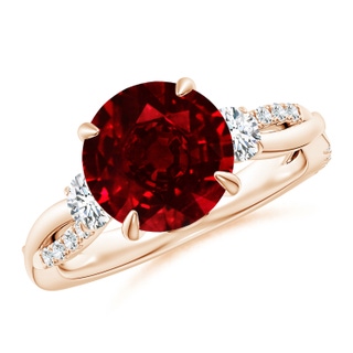 9mm AAAA Three Stone Round Ruby & Diamond Engagement Ring in Rose Gold