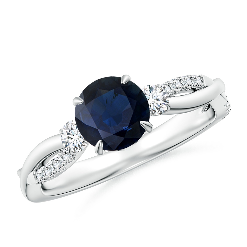 6.5mm A Three Stone Round Blue Sapphire & Diamond Engagement Ring in White Gold 