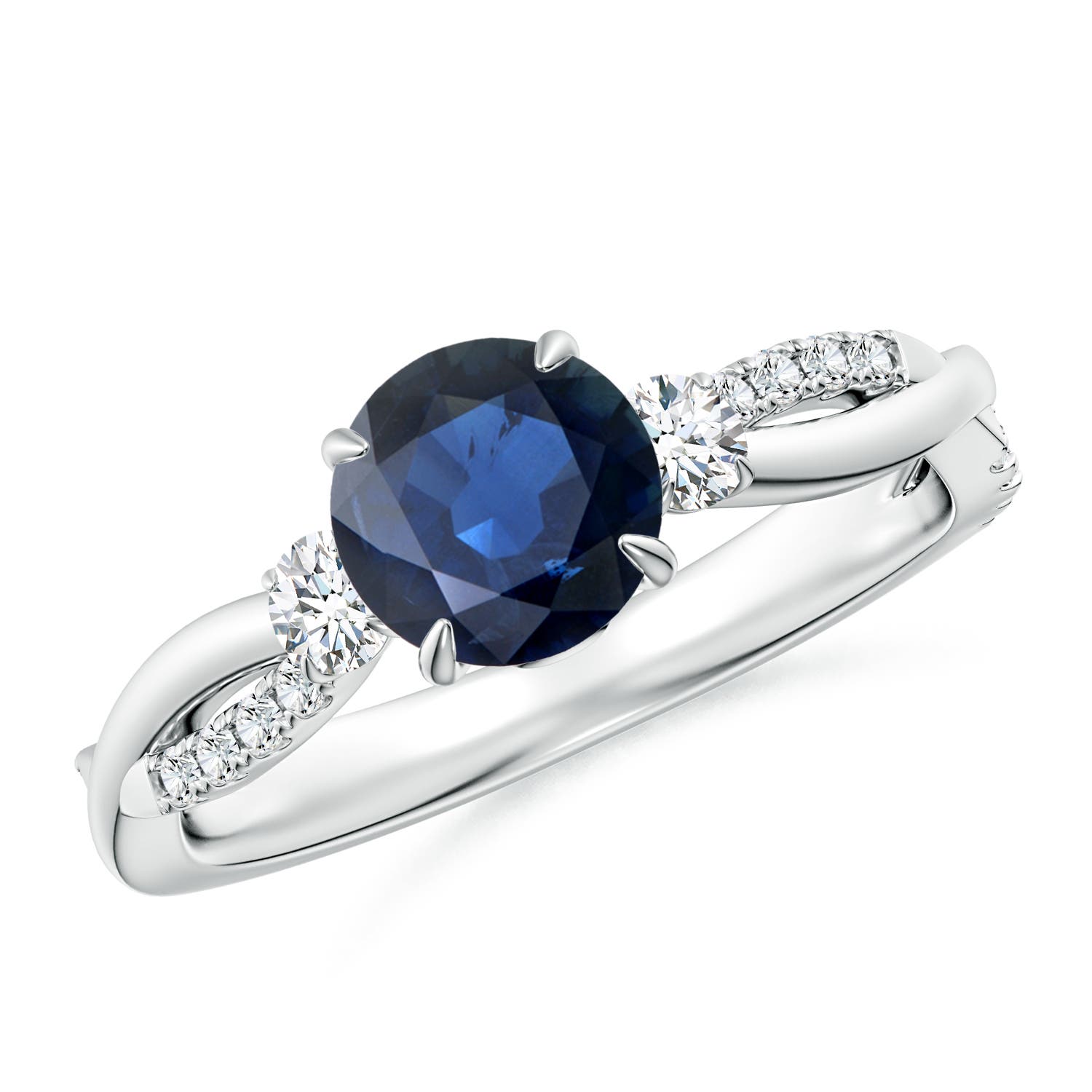 6.5mm AA Three Stone Round Blue Sapphire & Diamond Engagement Ring in P950 Platinum