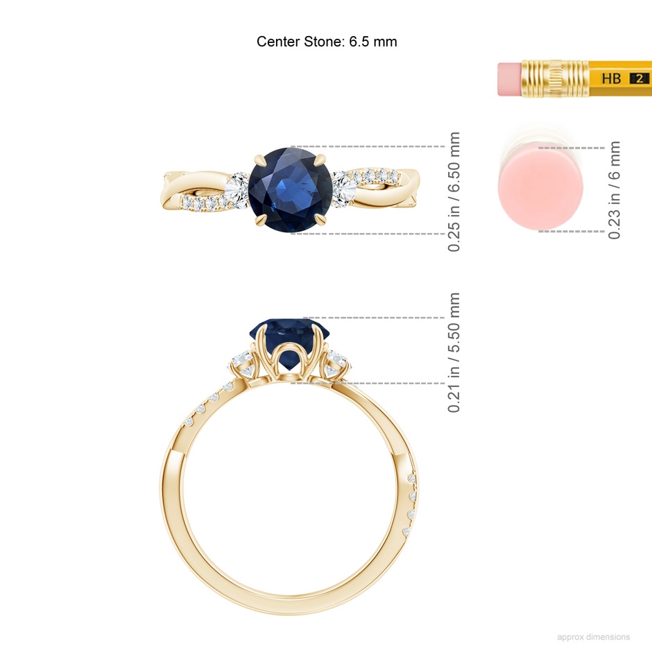 6.5mm AA Three Stone Round Blue Sapphire & Diamond Engagement Ring in Yellow Gold ruler