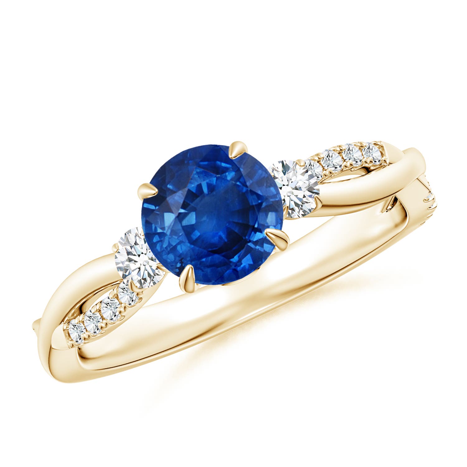 6.5mm AAA Three Stone Round Blue Sapphire & Diamond Engagement Ring in Yellow Gold