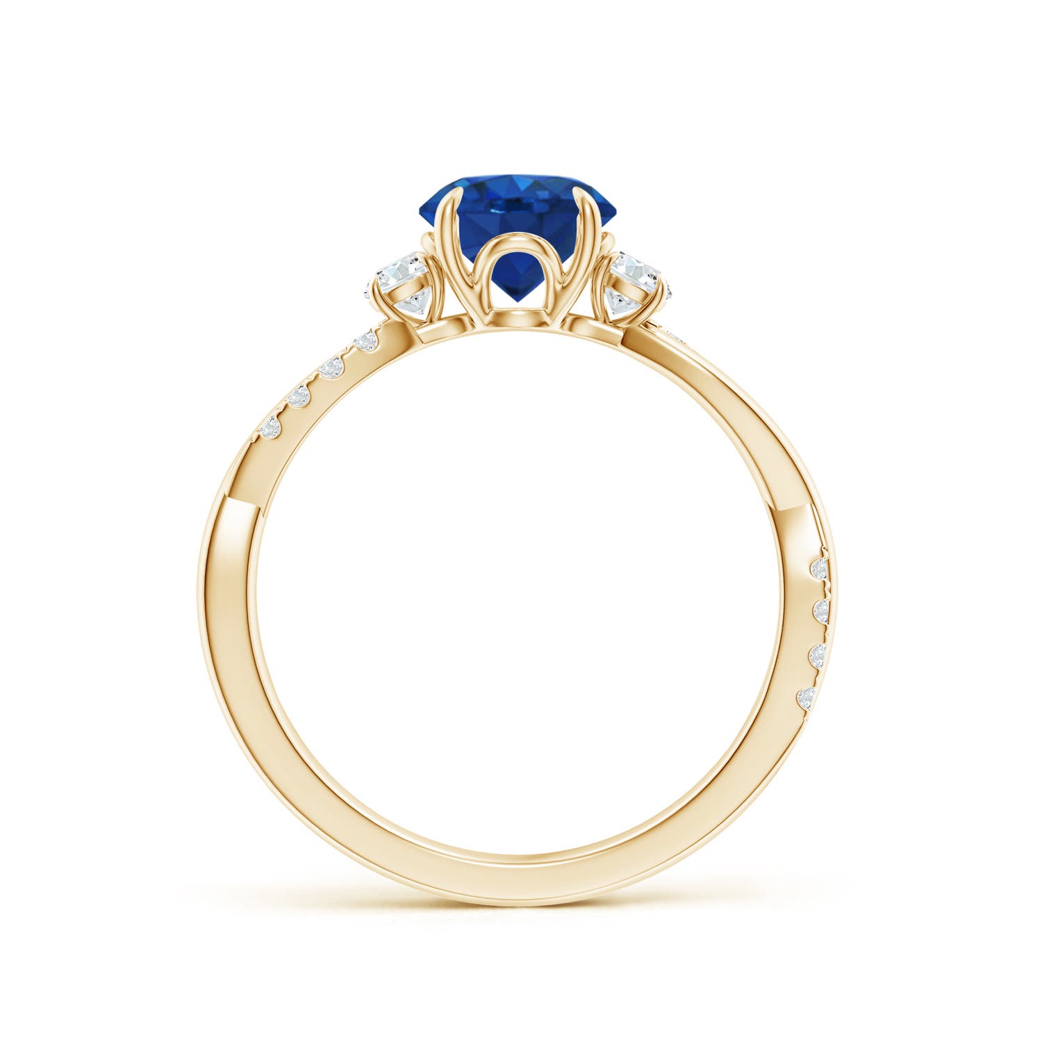 6.5mm AAA Three Stone Round Blue Sapphire & Diamond Engagement Ring in Yellow Gold