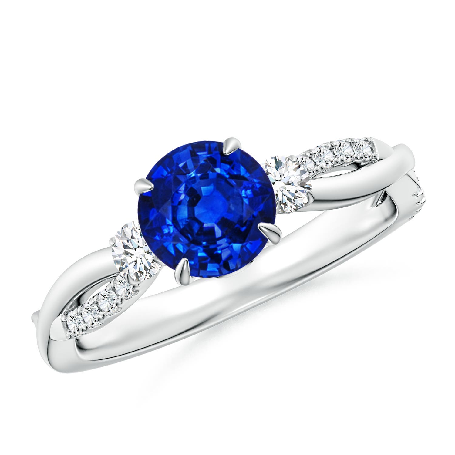 6.5mm AAAA Three Stone Round Blue Sapphire & Diamond Engagement Ring in White Gold